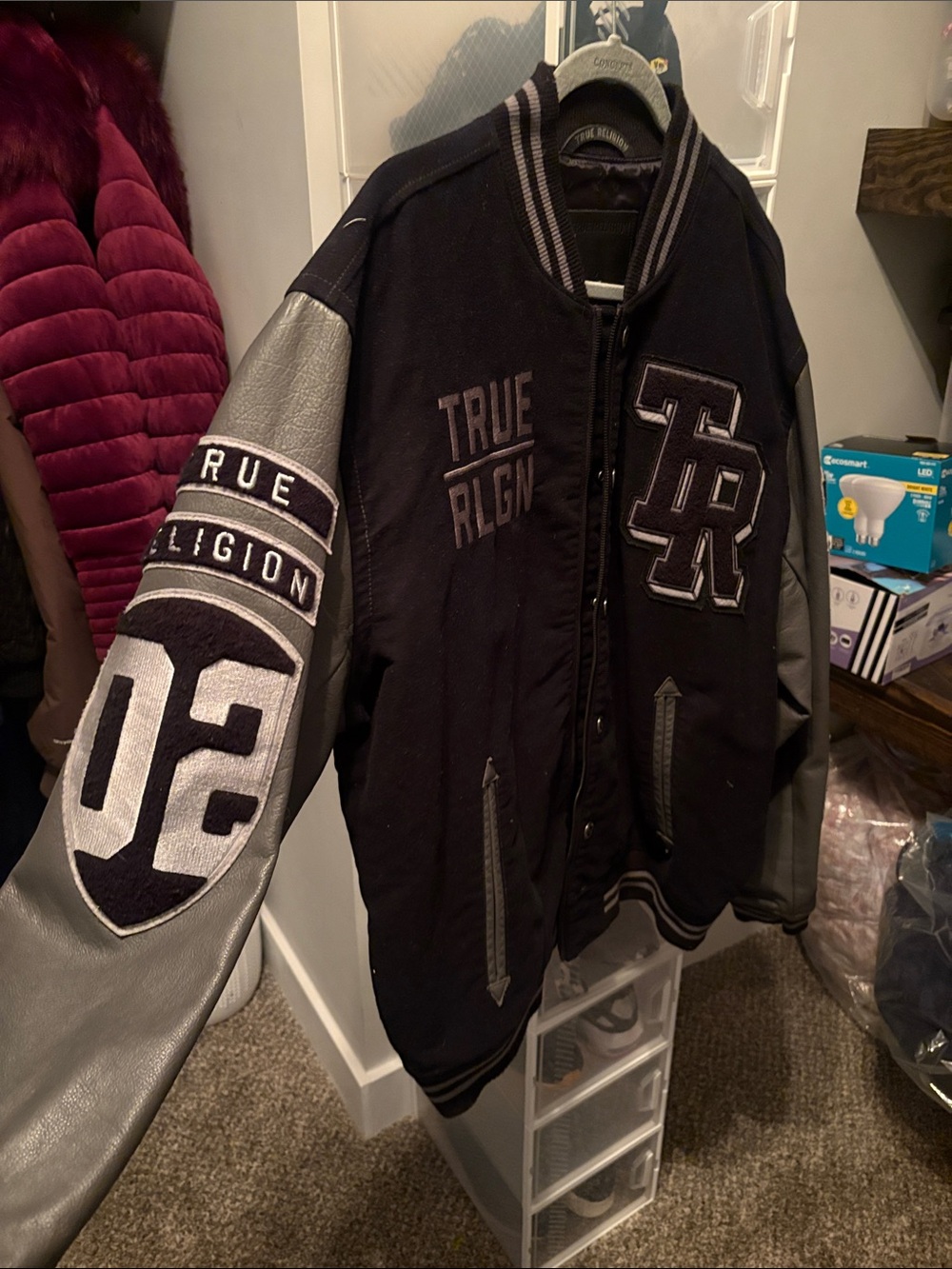 True Religion Black and Gray Varsity Bomber Jacket